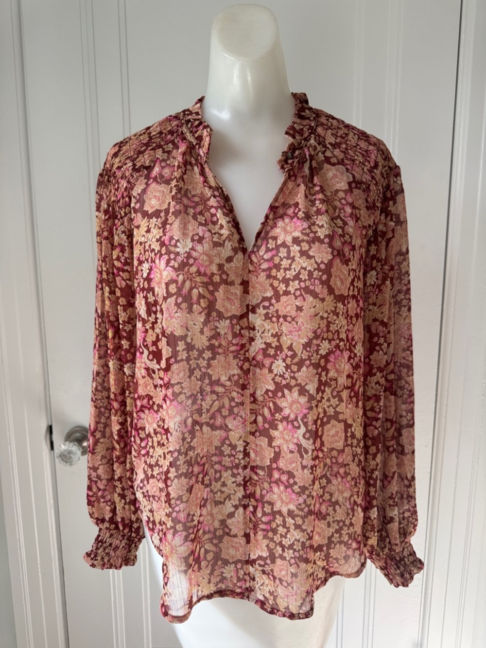Joie S Pink and Brown Floral Ruffled-Neck Blouse metallic